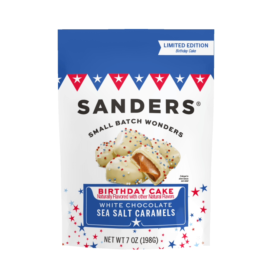 Bag of Sanders Birthday Cake White Chocolate Sea Salt Caramels. White chocolate caramels with colorful sprinkles, patriotic star design.