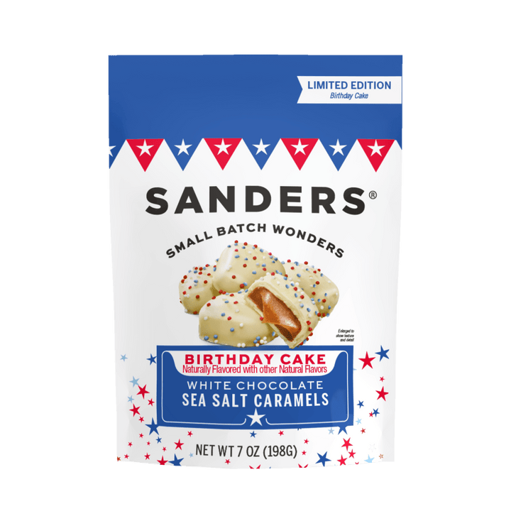 Bag of Sanders Birthday Cake White Chocolate Sea Salt Caramels. White chocolate caramels with colorful sprinkles, patriotic star design.