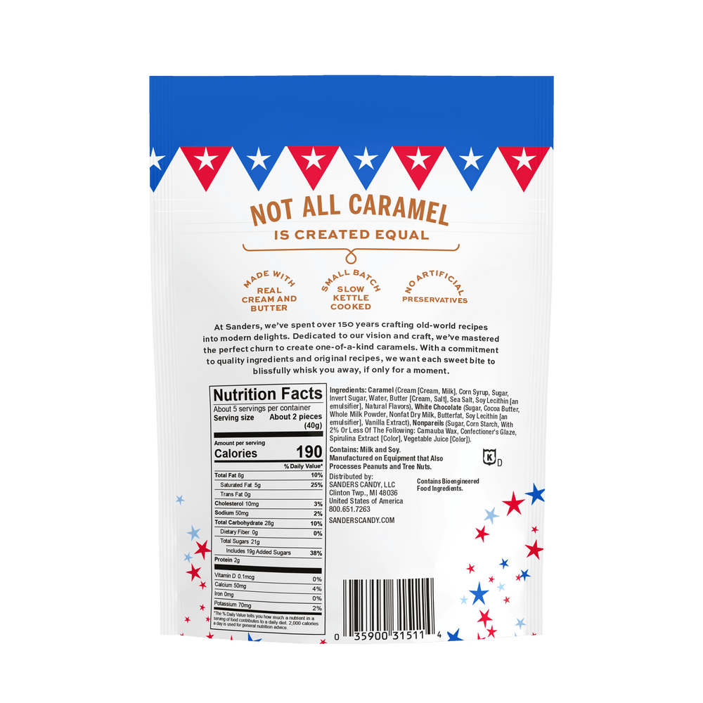 Back of a caramel candy package with a patriotic theme, featuring nutritional facts, ingredients, and a message emphasizing quality and tradition.