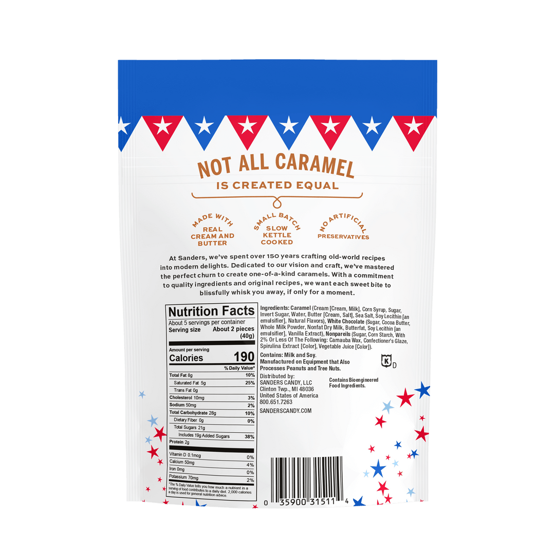 Back of a caramel candy package with a patriotic theme, featuring nutritional facts, ingredients, and a message emphasizing quality and tradition.