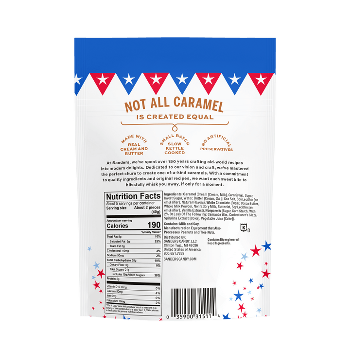 Back of a caramel candy package with a patriotic theme, featuring nutritional facts, ingredients, and a message emphasizing quality and tradition.
