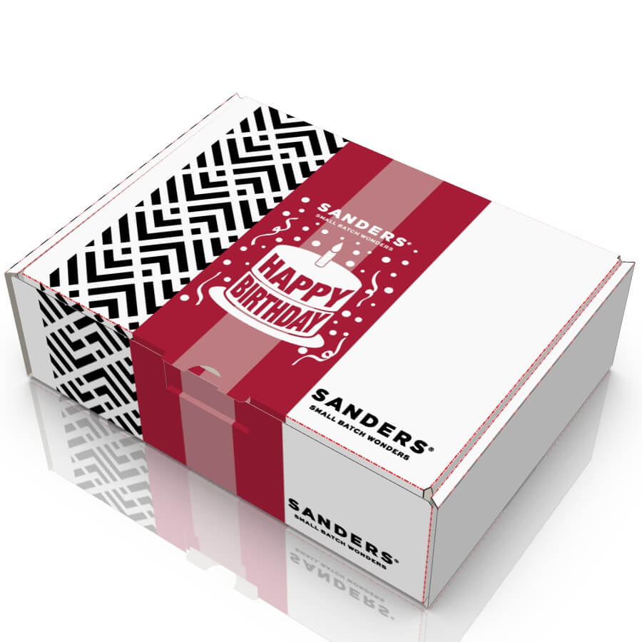  Sanders' matchbox packaging with 'Happy Birthday' design on a white background