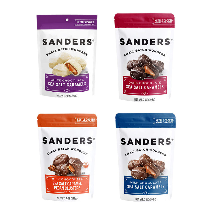 Sanders Classic Caramel 4-item assortment featuring white, dark and milk chocolate sea salt caramels and milk chocolate pecan clusters.