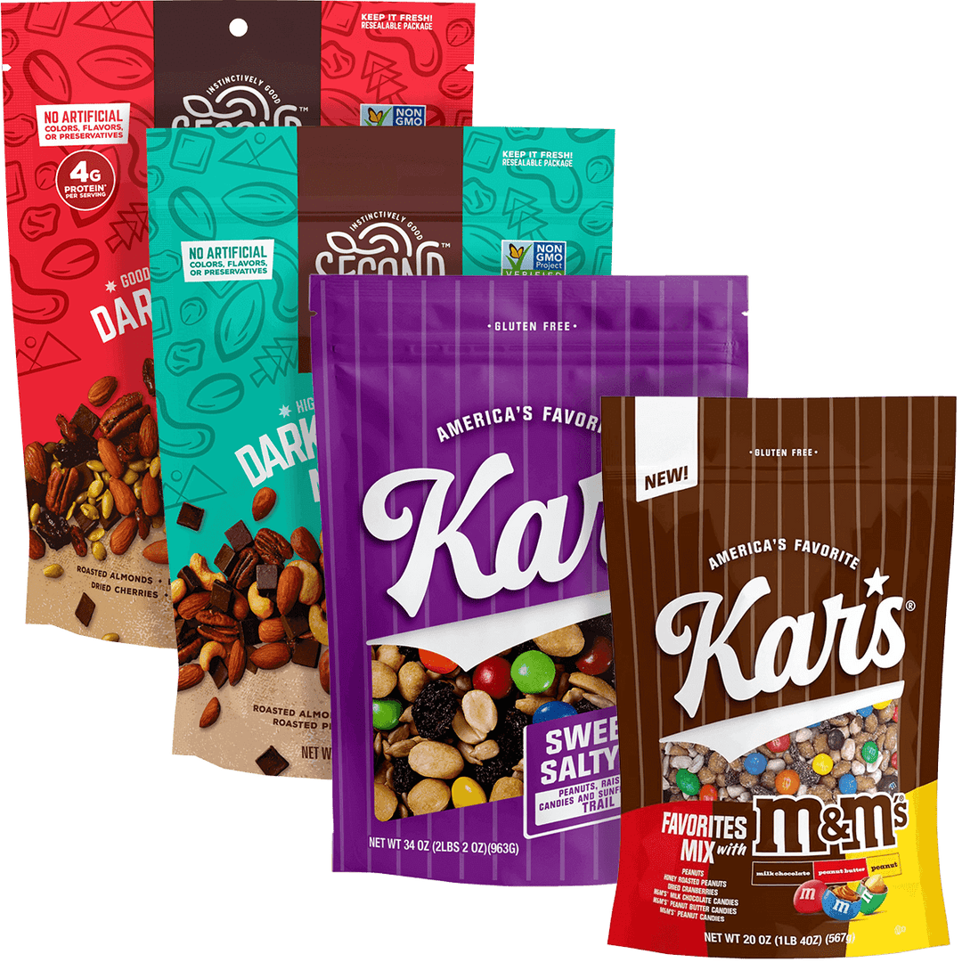 Assorted bags of Kar's snacks including a purple bag with 'America's Favorite' text and a red bag with M&M's. 