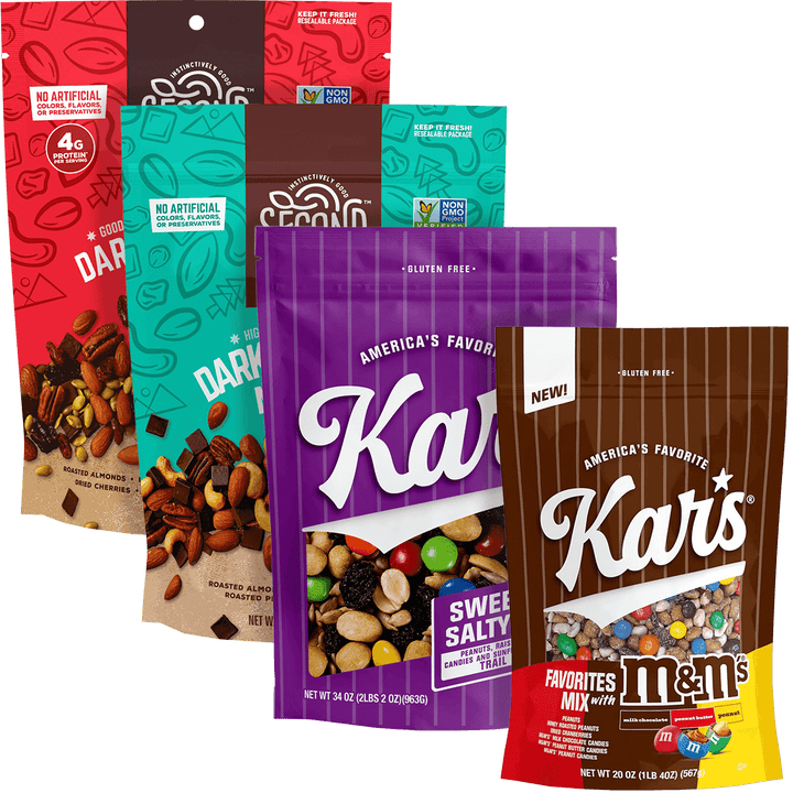 Assorted bags of Kar's snacks including a purple bag with 'America's Favorite' text and a red bag with M&M's. 