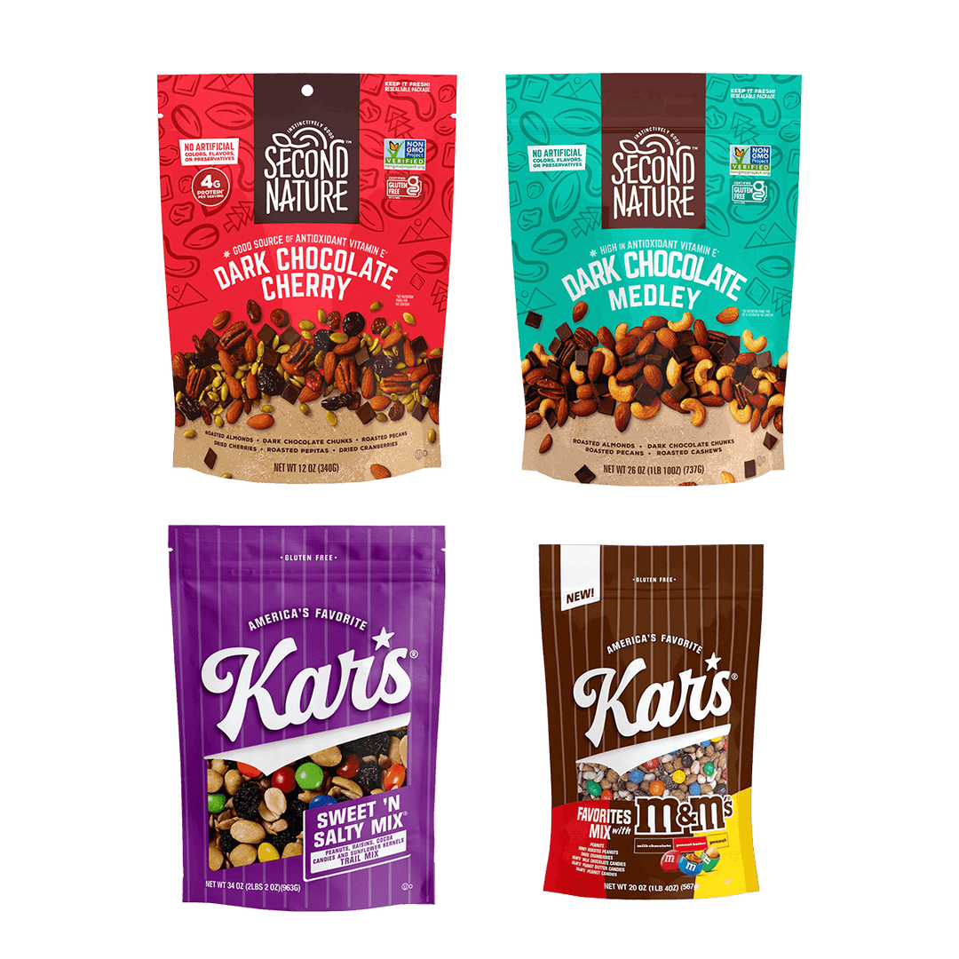 Four packages of different snack mixes called Choco-Nut Lover’s Pack