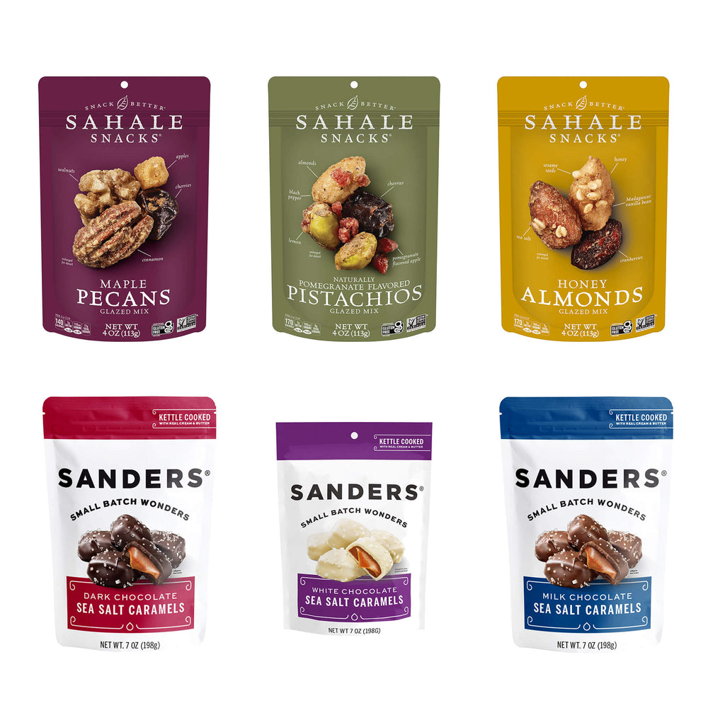 Six snack bags are displayed: Sahale Snacks Maple Pecans, Pistachios, and Honey Almonds, and Sanders Dark, White, and Milk Chocolate Sea Salt Caramels.