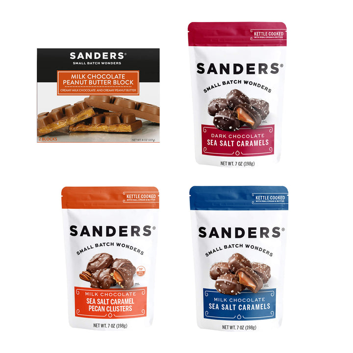 Sanders Chocolate Lovers 4-item assortment with milk and dark chocolate sea salt caramels, pecan clusters, and milk chocolate peanut butter blocks.