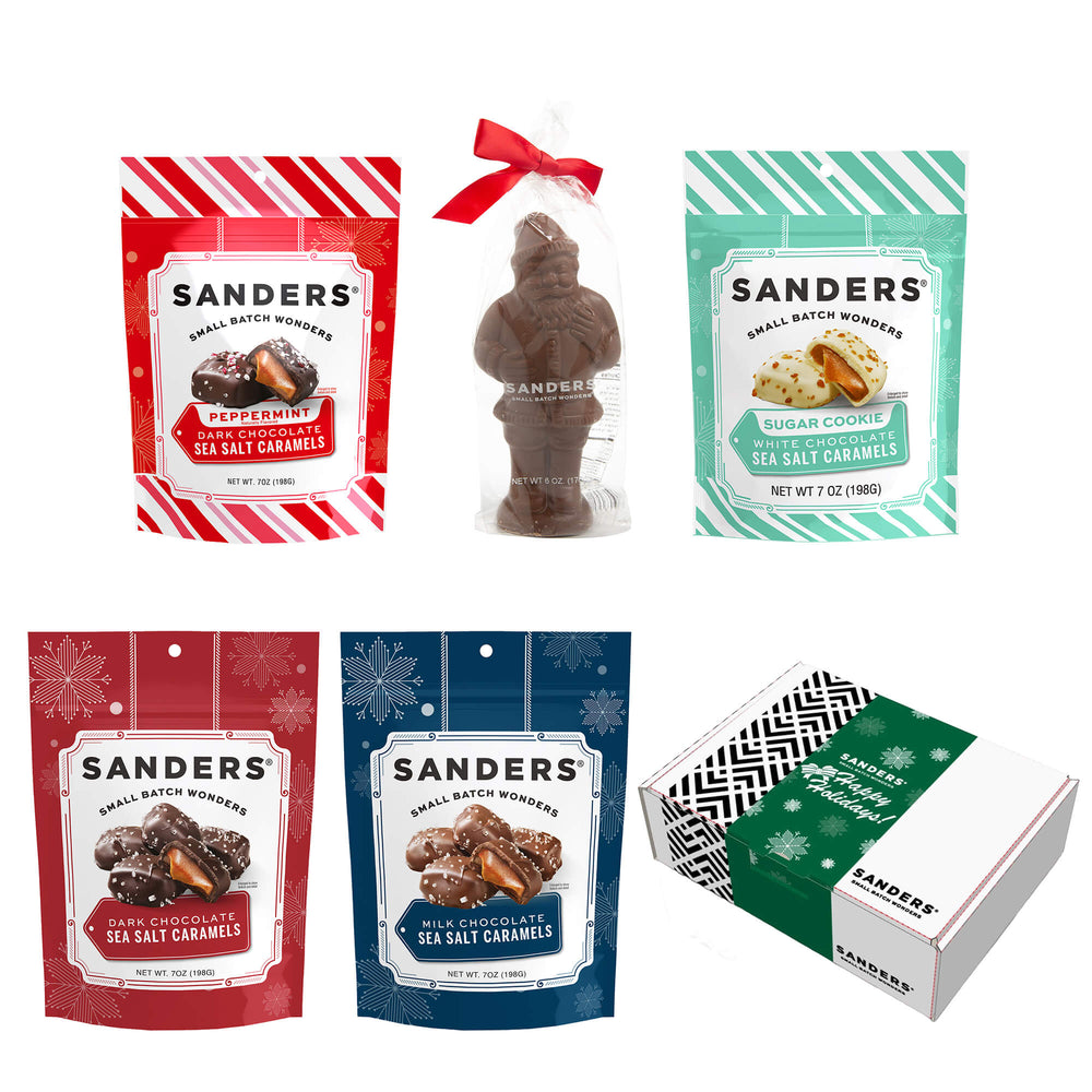 Sanders Classic Holiday 5-item assortment with peppermint, sugar cookie, milk and dark chocolate sea salt caramels and chocolate Santa.
