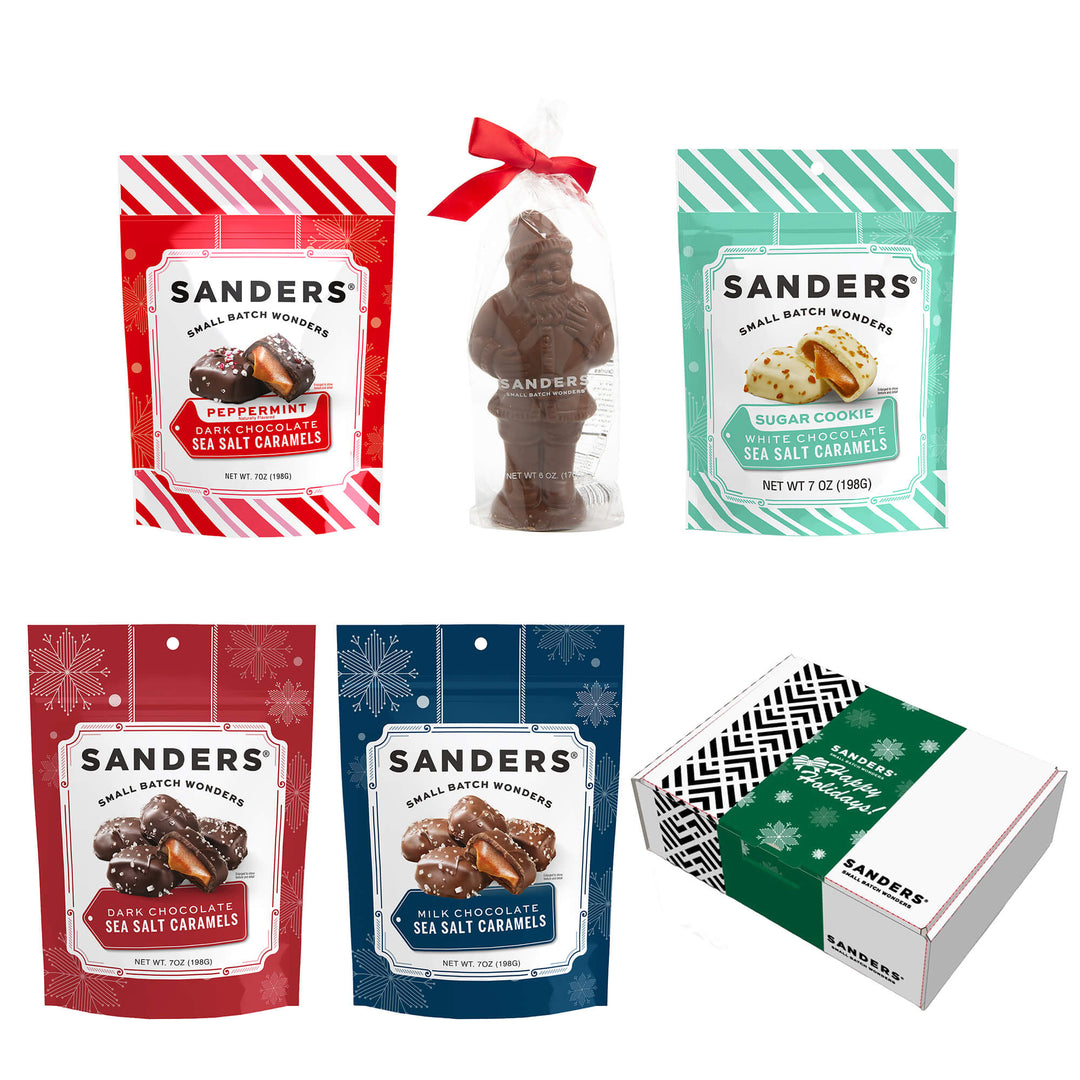 Sanders Classic Holiday 5-item assortment with peppermint, sugar cookie, milk and dark chocolate sea salt caramels and chocolate Santa.
