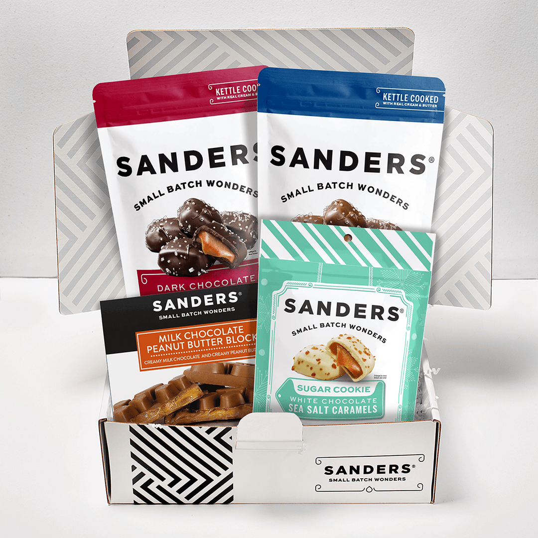  Sanders chocolate and cookie packages displayed in a box called Decadent Delights Gift Box