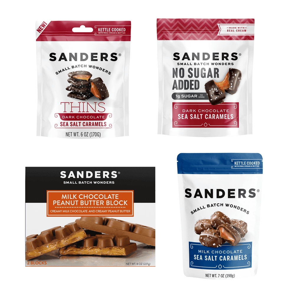 Decadent Delights Gift Box- Four packages of Sanders chocolate products on a white background