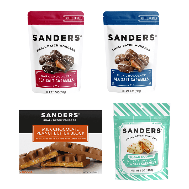 Four packages of Sanders chocolate products on a white background in a variety pack called Decadent Delights Gift Box