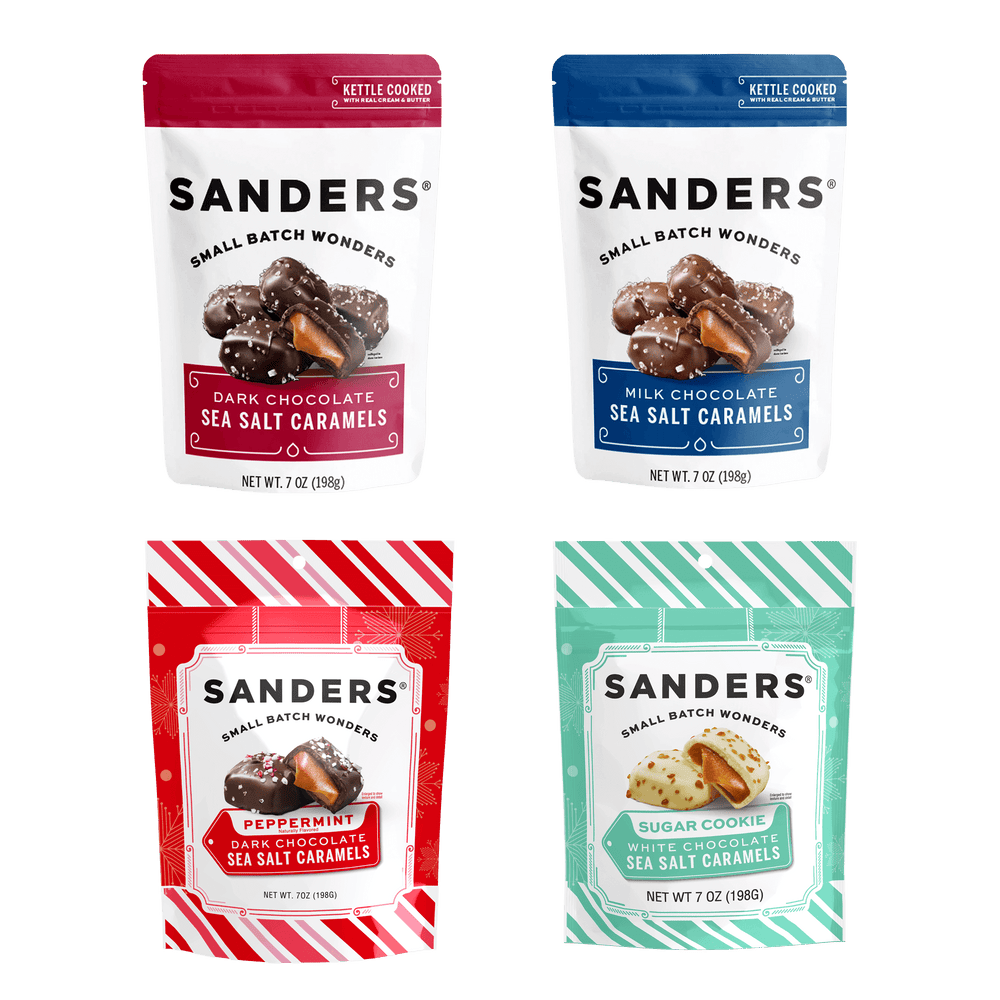 Four packages of Sanders Small Batch Wonders sea salt caramels called Decadent Delights Gift Box