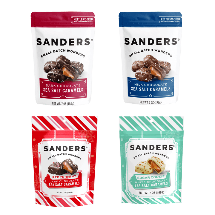 Four packages of Sanders Small Batch Wonders sea salt caramels called Decadent Delights Gift Box