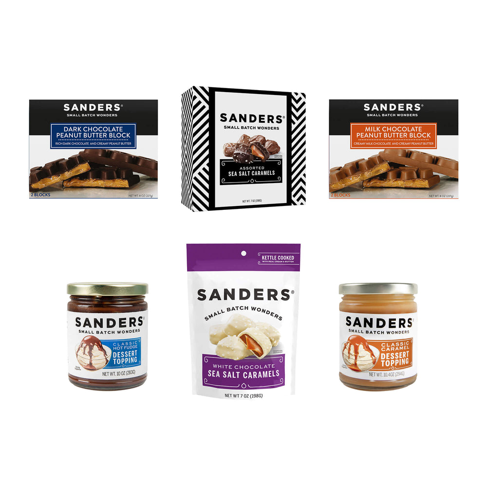 An assortment of Sanders confectionery products is displayed, including chocolate blocks, sea salt caramels, and dessert toppings, creating a tempting treat selection.