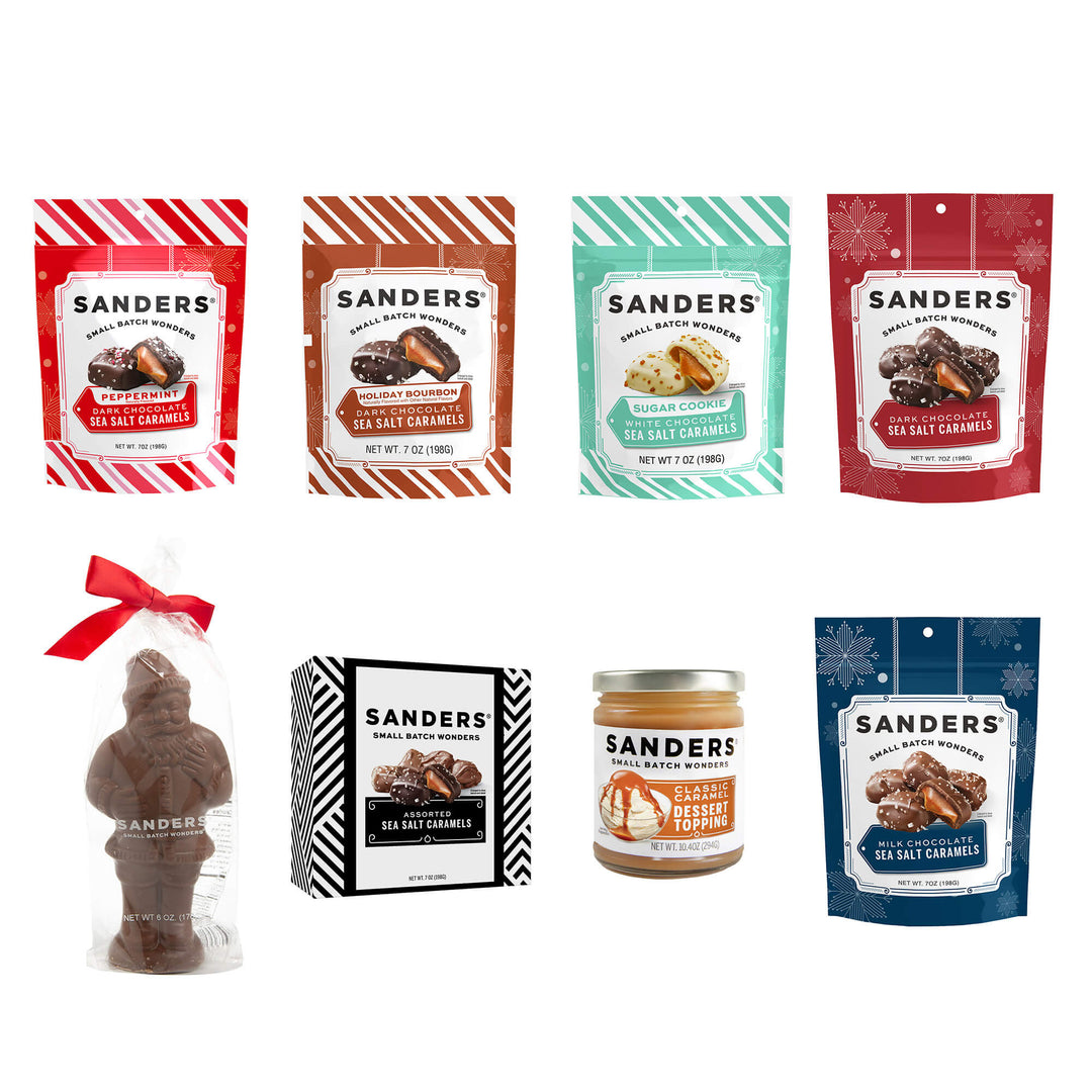Sanders Deluxe Holiday Indulgence 8-item assortment featuring holiday sea salt caramels, chocolate Santa, assorted caramels, and caramel dessert topping.