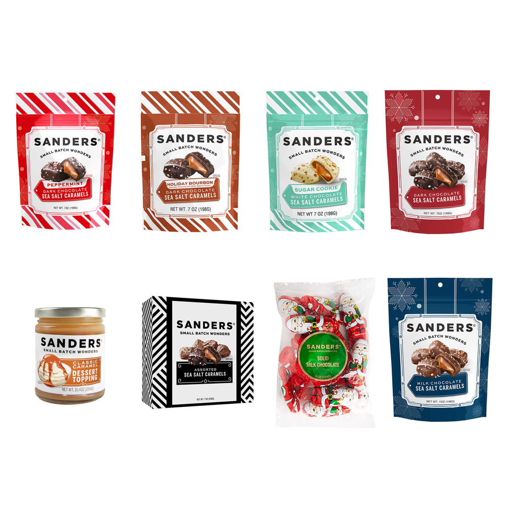 Collection of Sanders brand products including bags, jar, and box on a white background