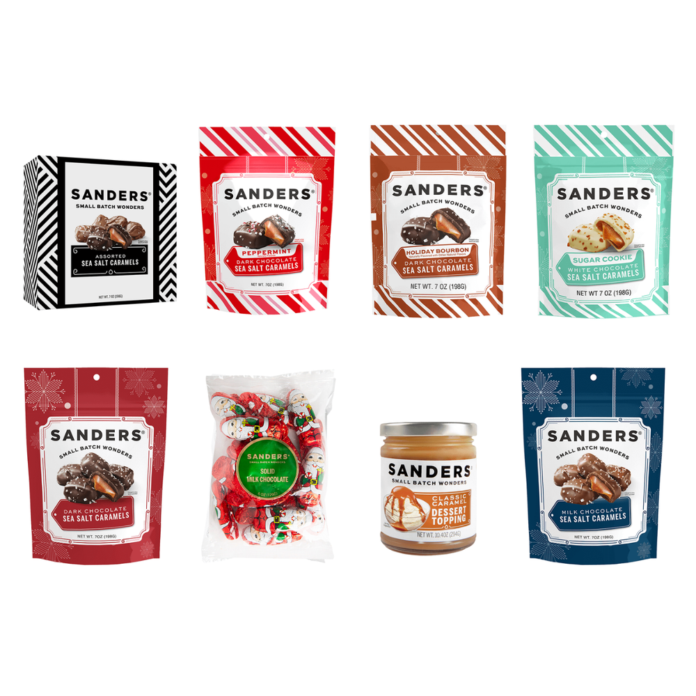 Collection of Sanders brand products including bags, a jar, and a box on a white background