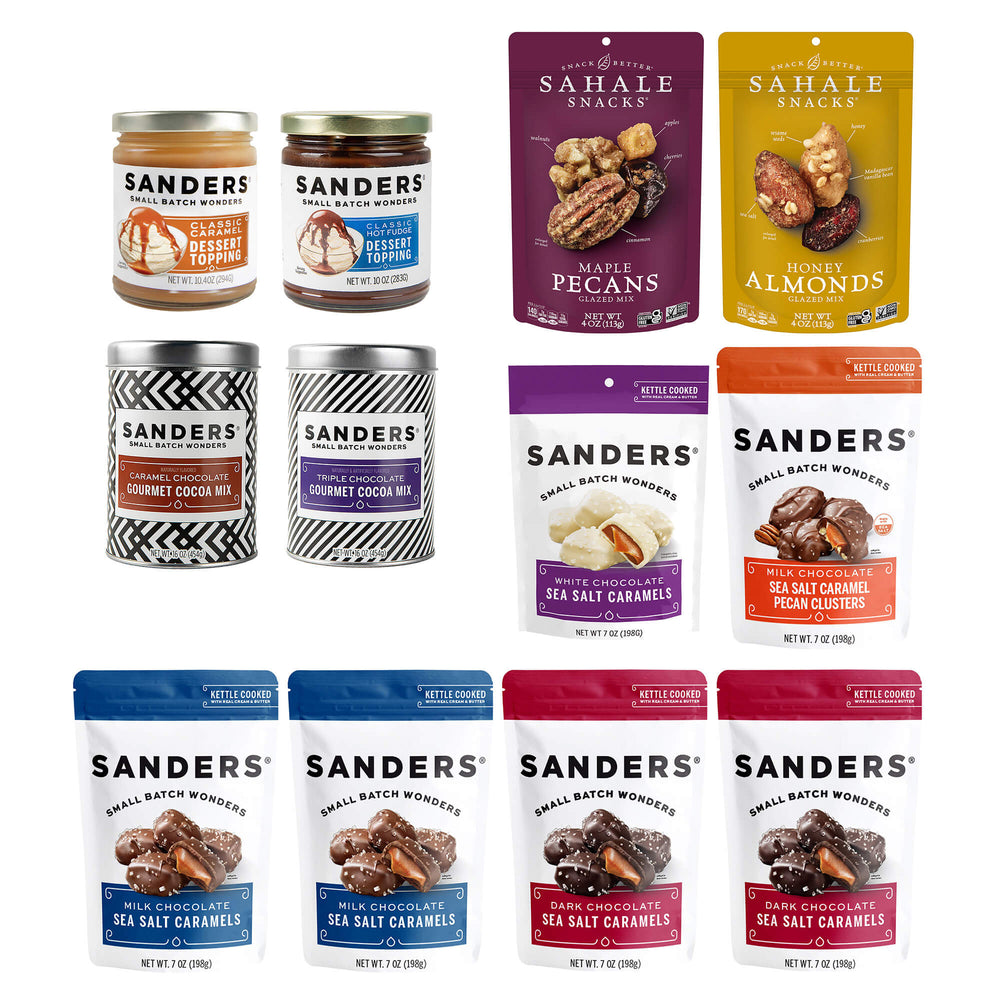 Sanders Grand Chocolate & Nut Gift Box assortment with chocolate caramels, pecan clusters, cocoa mixes, dessert toppings, and Sahale glazed nuts.
