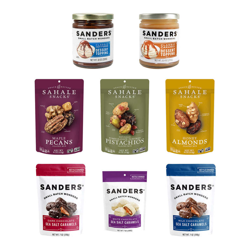 Display of assorted snack products. Top: Two Sanders dessert toppings. Middle: Three bags of Sahale Snacks in various flavors. Bottom: Three bags of Sanders sea salt caramels.