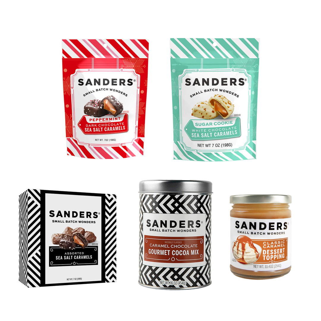 Sanders Holiday Indulgence 5-item assortment with peppermint and sugar cookie sea salt caramels, assorted caramels, cocoa mix, and caramel topping.