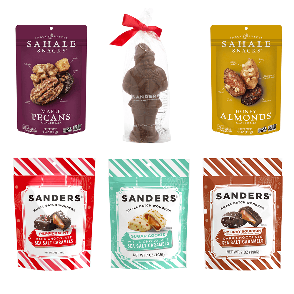 Holiday Spirit Gift Box - Collection of Sahale Snacks and Sanders candy packages on a white background