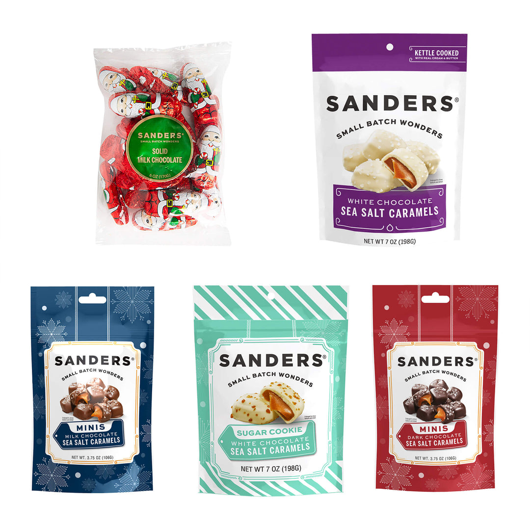 Collection of Sanders candy packages on a white background