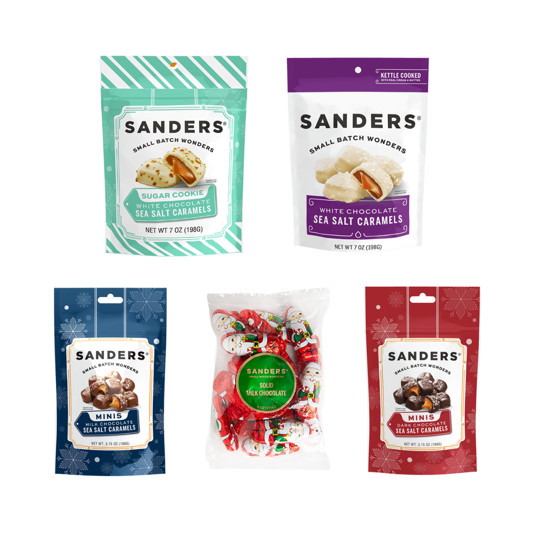 Collection of Sanders candy packages on a white background