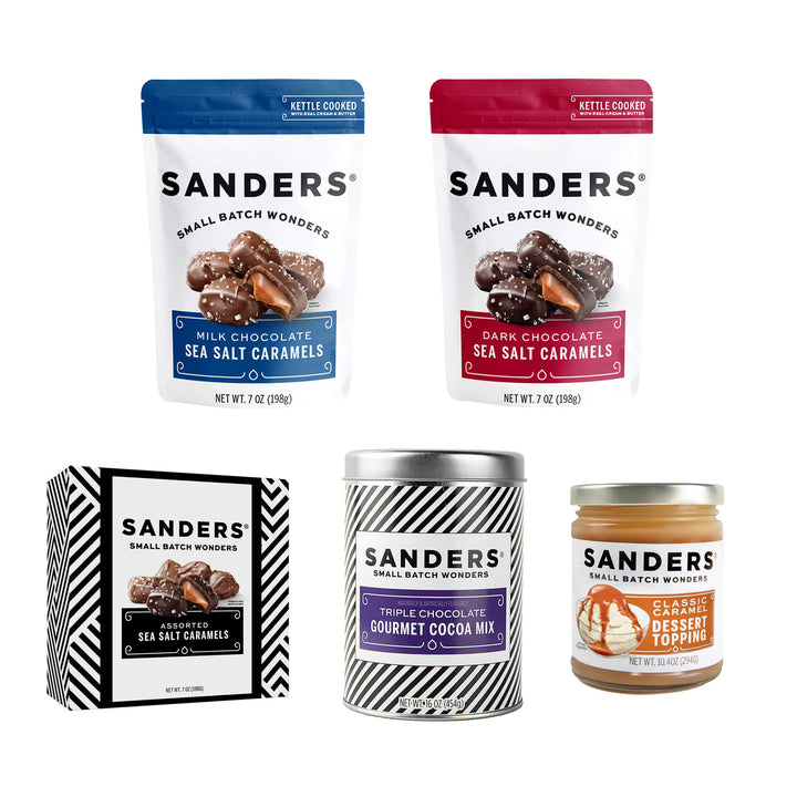 Sanders Indulgence 5-item assortment featuring milk and dark chocolate sea salt caramels, assorted caramels, triple chocolate cocoa mix, and caramel topping.
