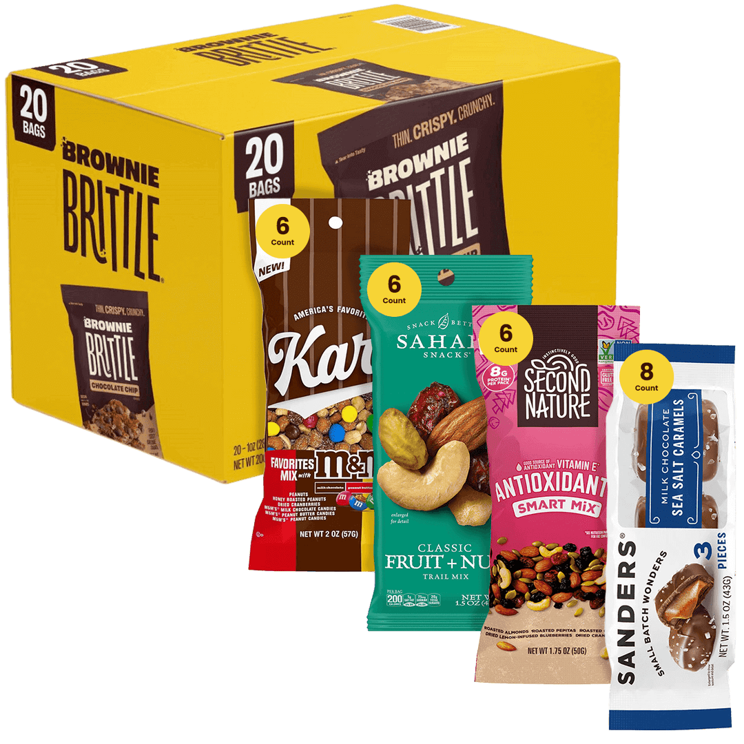 Assorted snack packs including Brownie Brittle, Kar's Nuts, Sahale Snacks, Second Nature, and Sanders variety pack called Lunchtime Upgrade Variety Pack