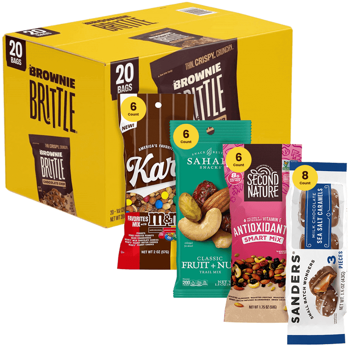 Assorted snack packs including Brownie Brittle, Kar's Nuts, Sahale Snacks, Second Nature, and Sanders variety pack called Lunchtime Upgrade Variety Pack