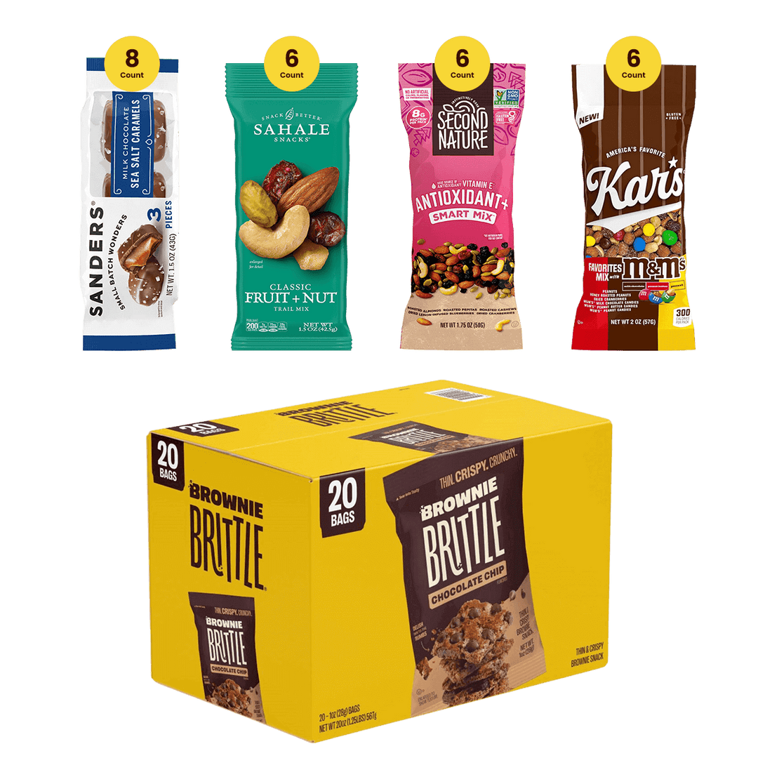 Assorted snack packs including Brownie Brittle, Kar's Nuts, Sahale Snacks, Second Nature, and Sanders variety pack called Lunchtime Upgrade Variety Pack