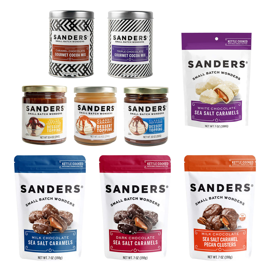 Sanders Signature 9-item assortment featuring chocolate sea salt caramels, pecan clusters, gourmet cocoa mixes, and three dessert toppings.