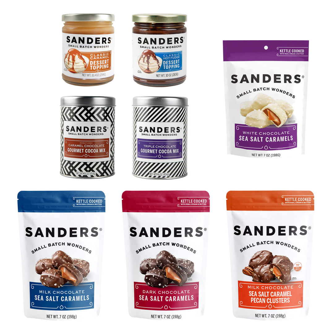 Seven Sanders gourmet treats featuring hot fudge and caramel dessert toppings, caramel and triple chocolate cocoa mixes, assorted sea salt caramels and milk chocolate pecan clusters.