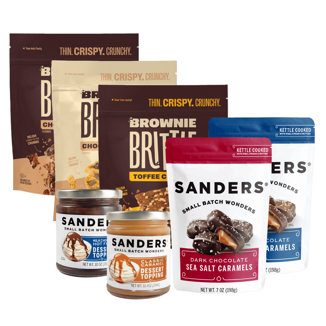contents of the Epic Sundae Builder Variety Pack showing brownie brittle and sanders products