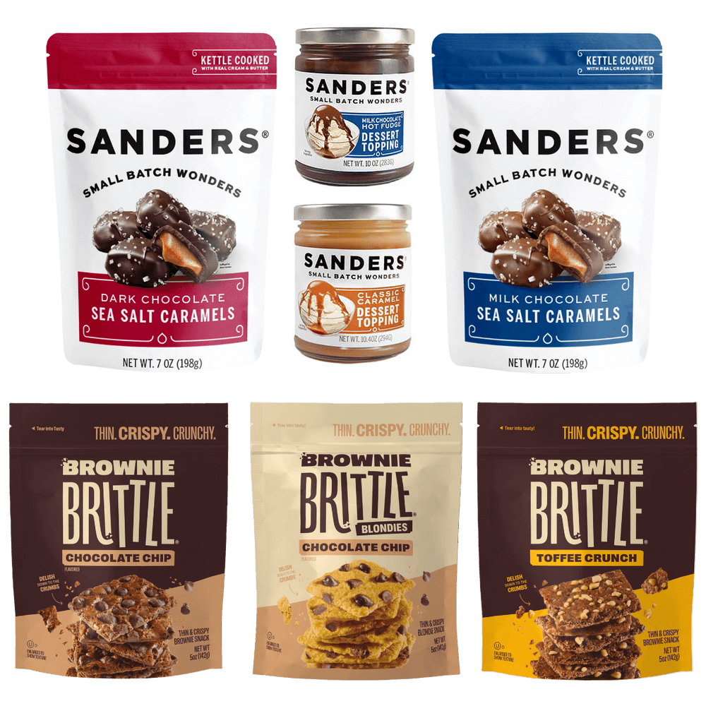 Contents of the Epic Sundae Builder Variety Pack showing sanders and brownie brittle product packaging