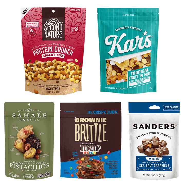 Collection of snack packages including Second Nature, Kars, Sahale Snacks, M&M's Brownie Brittle, and Sanders variety pack called Collection of various snack packages called Snack O'Clock Variety Pack