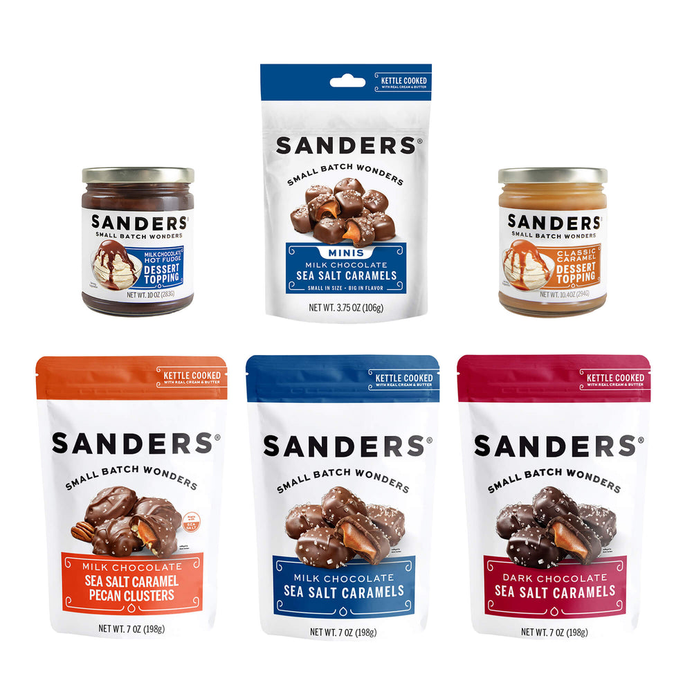 Collection of Sanders chocolate products including jars and bags on a white background