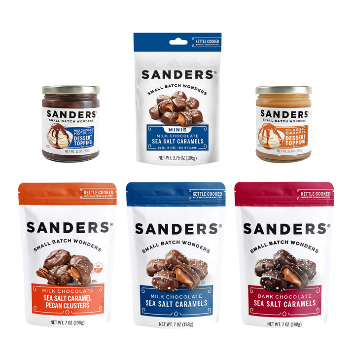 Collection of Sanders chocolate products including jars and bags on a white background