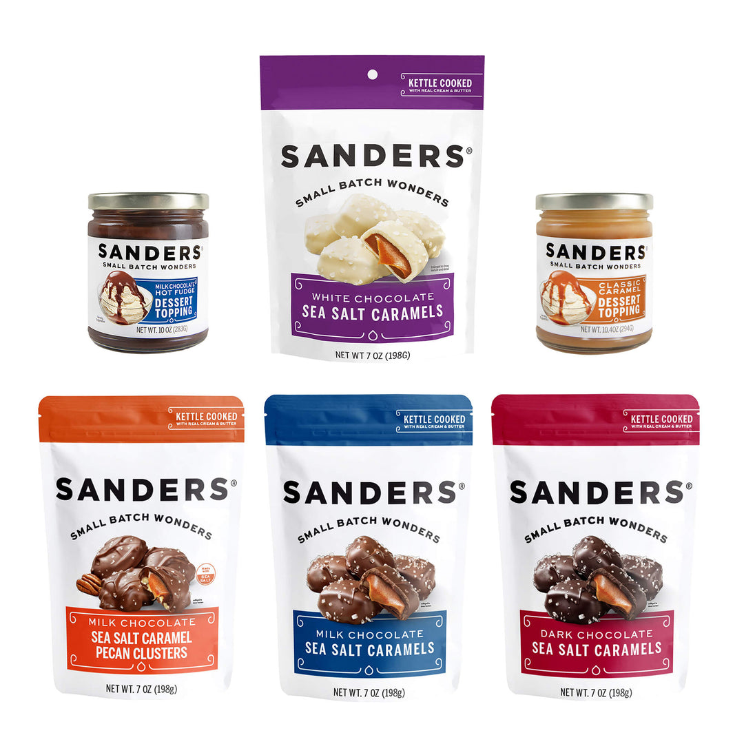 Sanders Appreciation 6-item assortment with white, milk and dark chocolate sea salt caramels, pecan clusters, and dessert toppings.