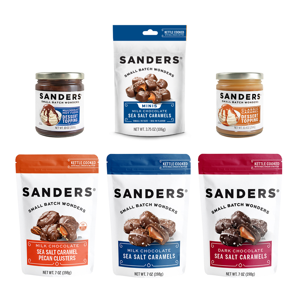 Collection of Sanders candy packages on a white background