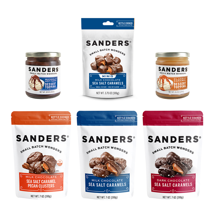 Collection of Sanders candy packages on a white background