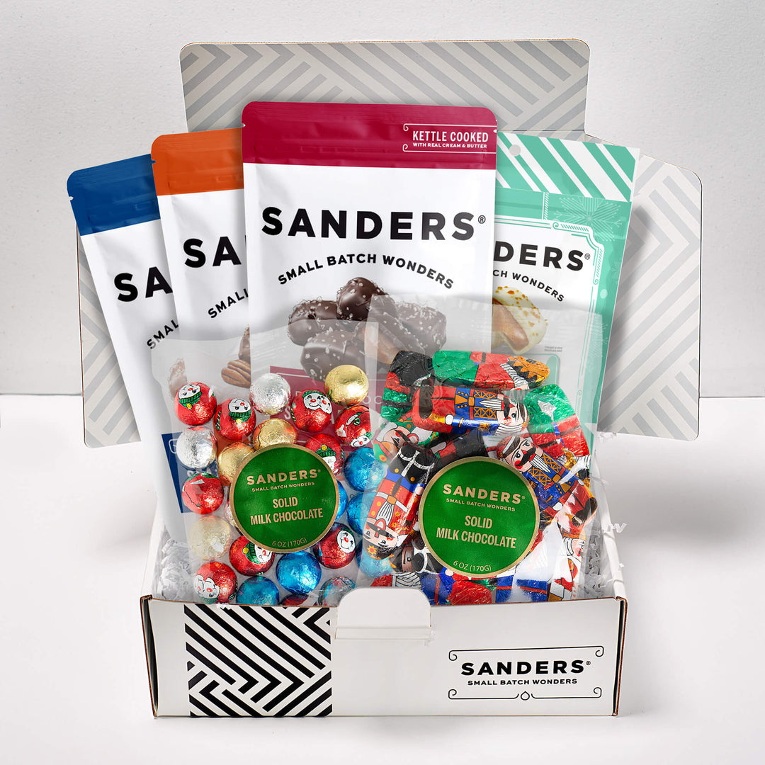  Sanders chocolate assortment in a box with colorful packaging on a white background