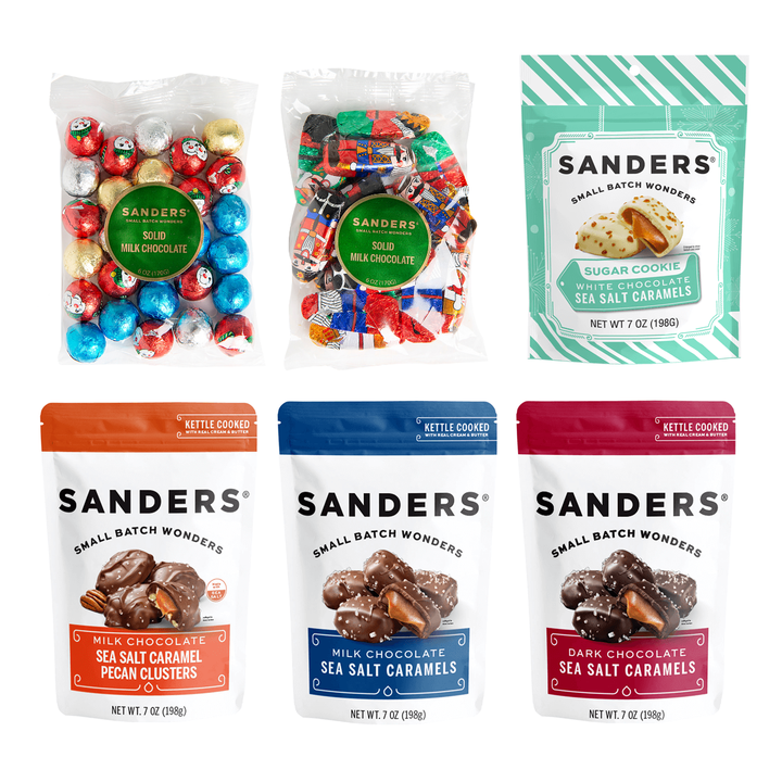 Collection of Sanders candy packages on a white background