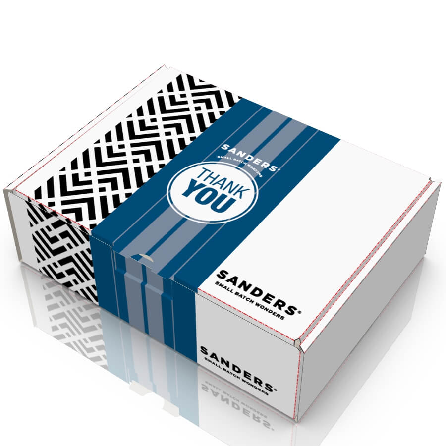 Packaging of Sanders matchbooks with a geometric pattern on a white background