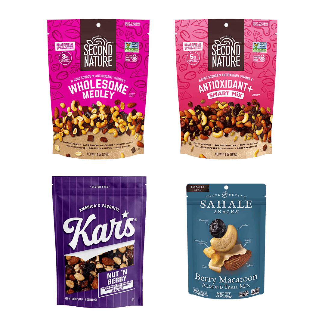 Four packages of different snack mixes Collection of various snack mix packages called Trail Mix Bundle