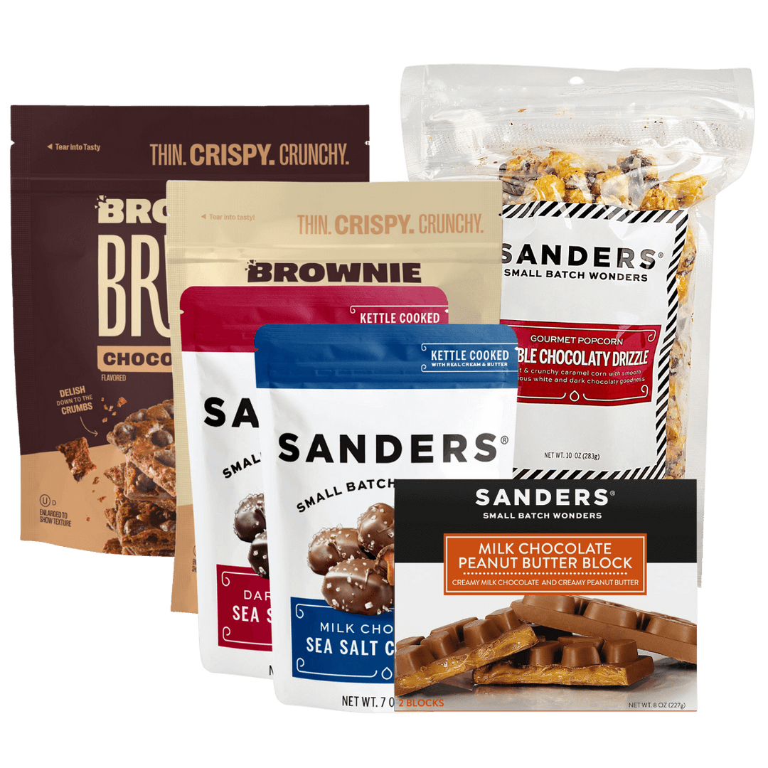 various packages of brownie brittle and sanders from the brownie brittle/sanders Ultimate Snack Pack