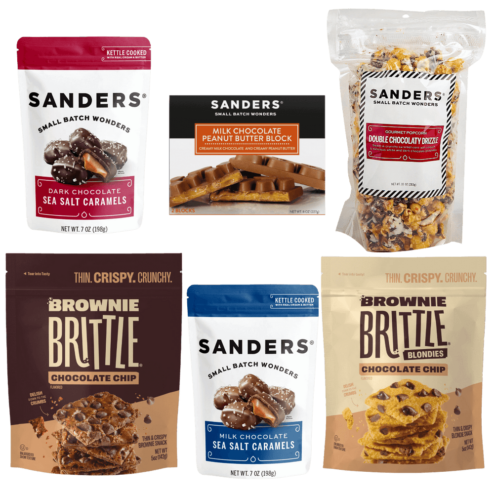 6 packages of brownie brittle and sanders packages in the Ultimate Snack Pack
