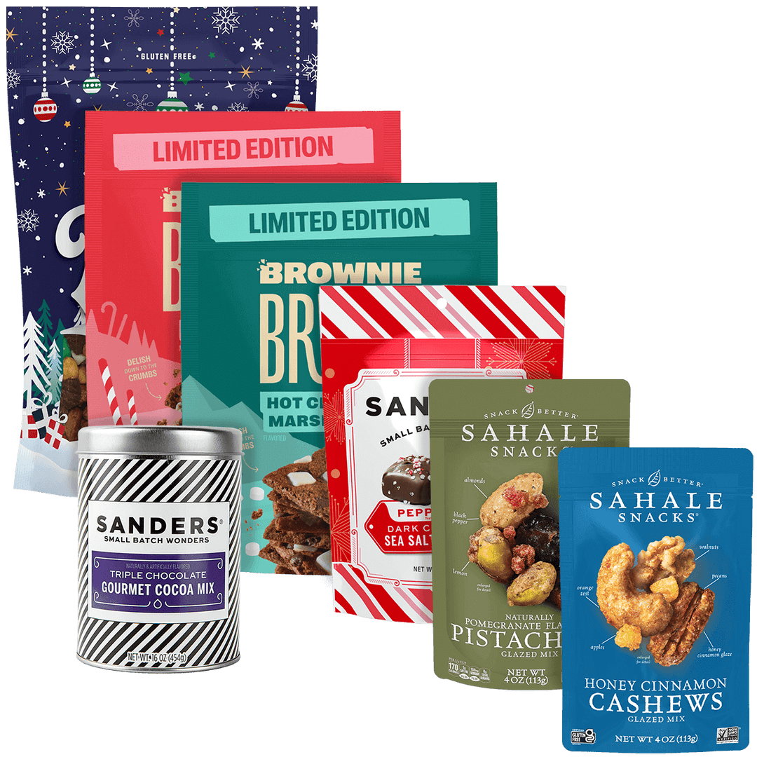 Collection of snack packages and a canister called Winter Seasonal  Sampler